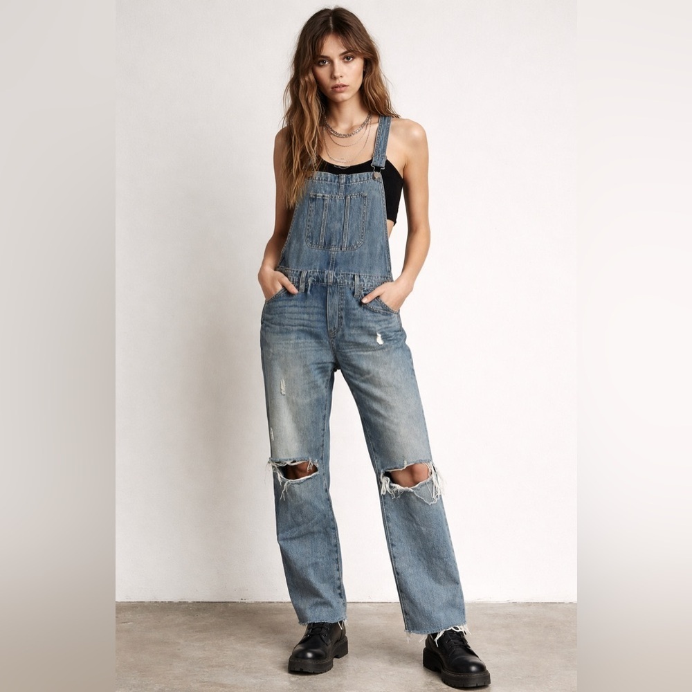 Lucky Brand Relaxed Fit Distressed Denim Overalls Wide Leg Small S/P Blue
